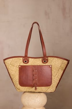 LUCIEN leather and raffia basket bag;${refinementColor}