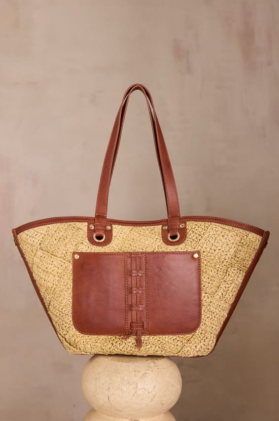 LUCIEN leather and raffia basket bag;${refinementColor}