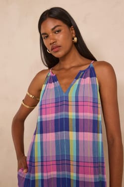 Pietra checkered cotton straight dress;${refinementColor}