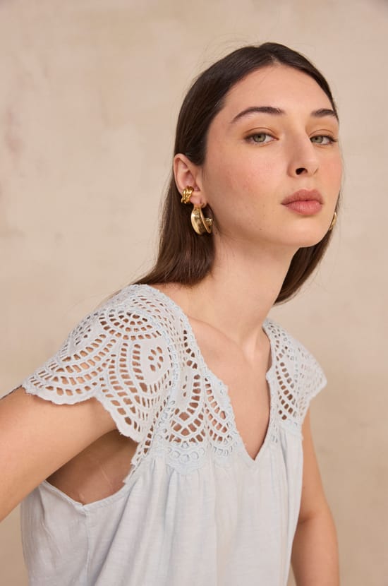 Embroidered short-sleeve cotton top LILOU;${refinementColor}