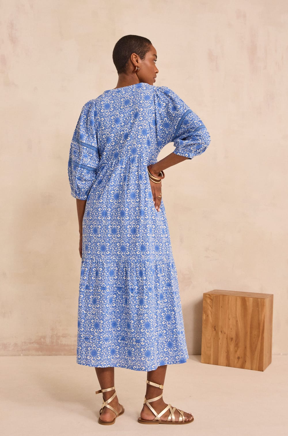 Long printed cotton blend lace dress LOLY;${refinementColor}