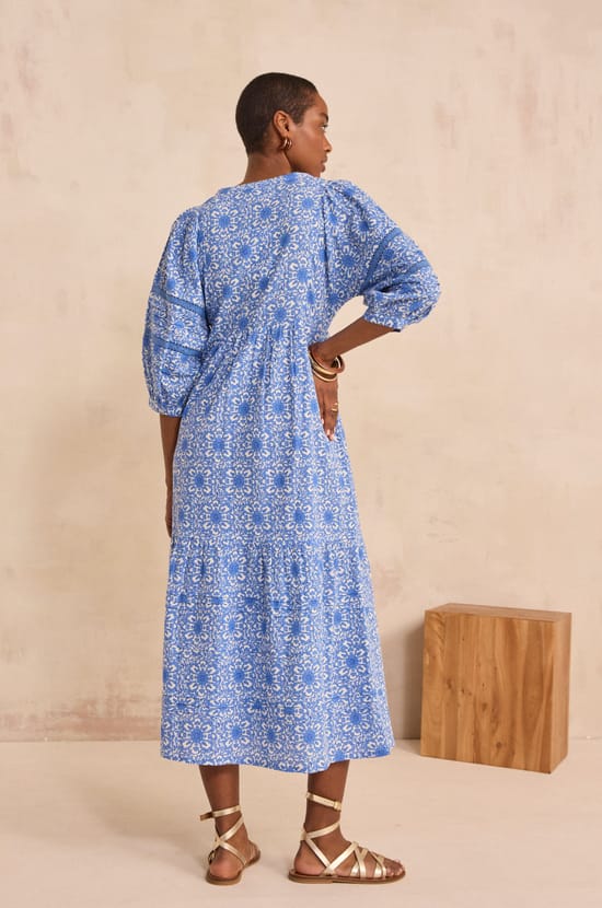 Long printed cotton blend lace dress LOLY;${refinementColor}