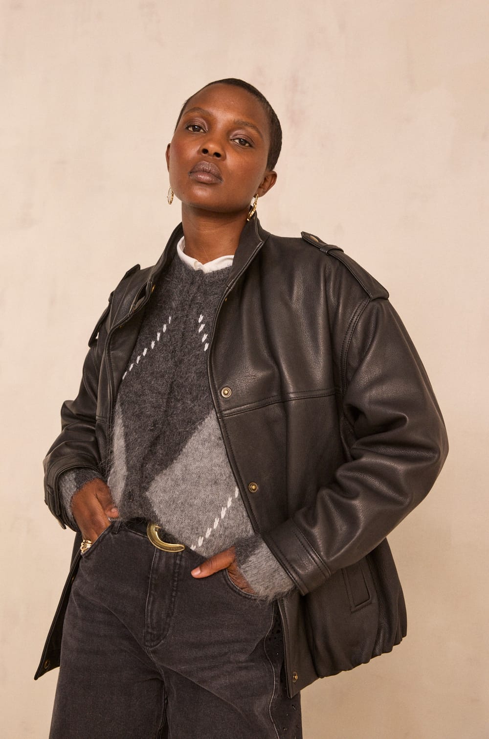 OSCAR oversized grain leather jacket;${refinementColor}