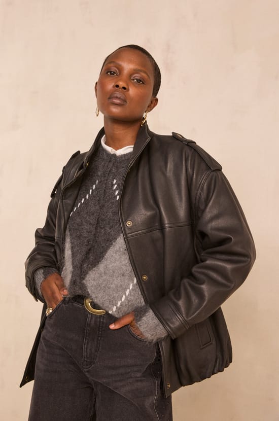 OSCAR oversized grain leather jacket;${refinementColor}