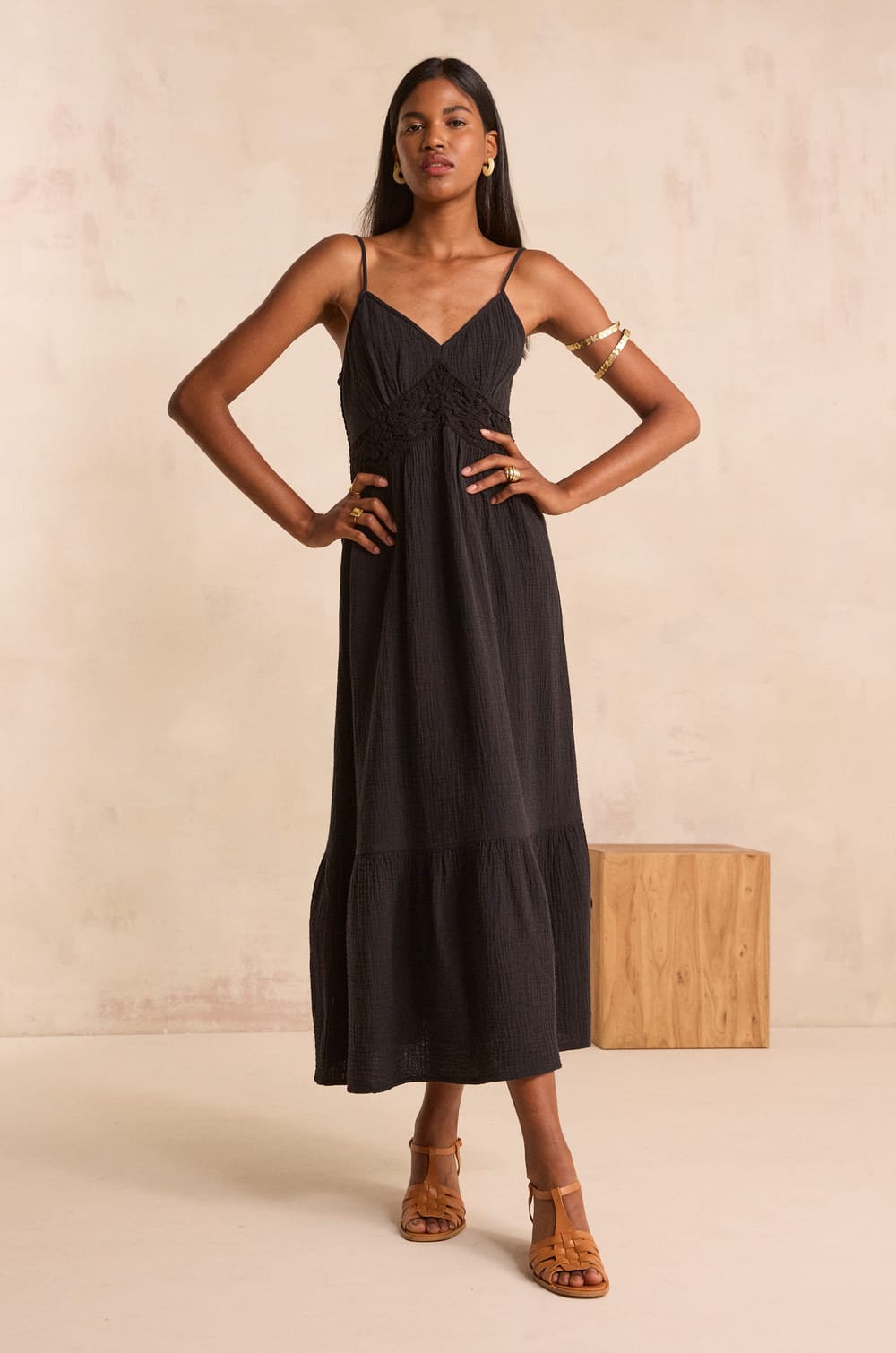 Flowy cotton strap dress PERRINE;${refinementColor}