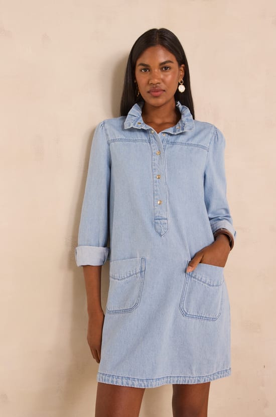Straight denim dress with long sleeves in cotton BLAKE;${refinementColor}