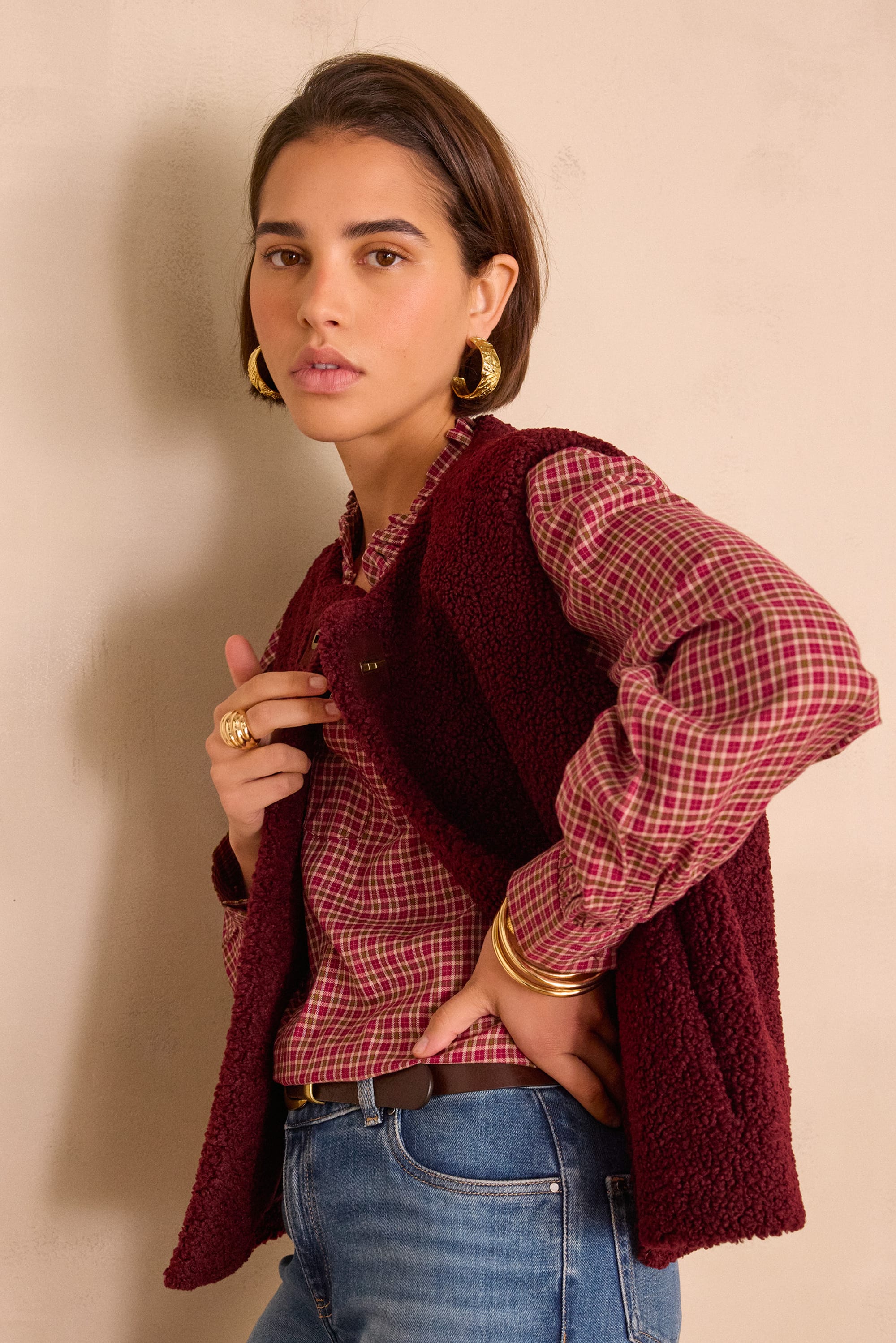 Gilet Polaire Sans Manches Pour Femme - Couleur Unie, Col En V, Avec Fermeture éclair Et Poches - 2