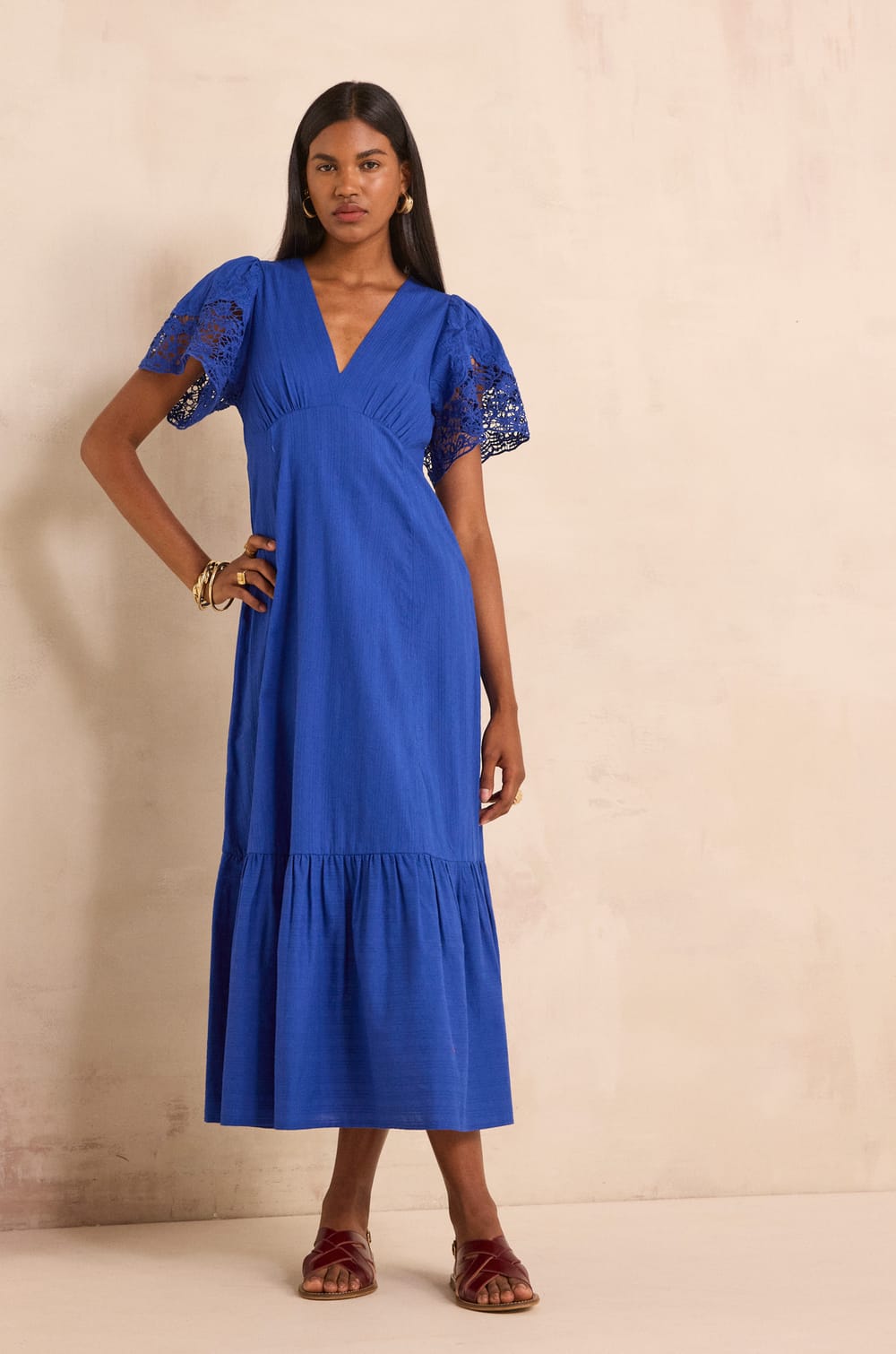 Short-sleeved embroidered cotton dress PAULINE;${refinementColor}