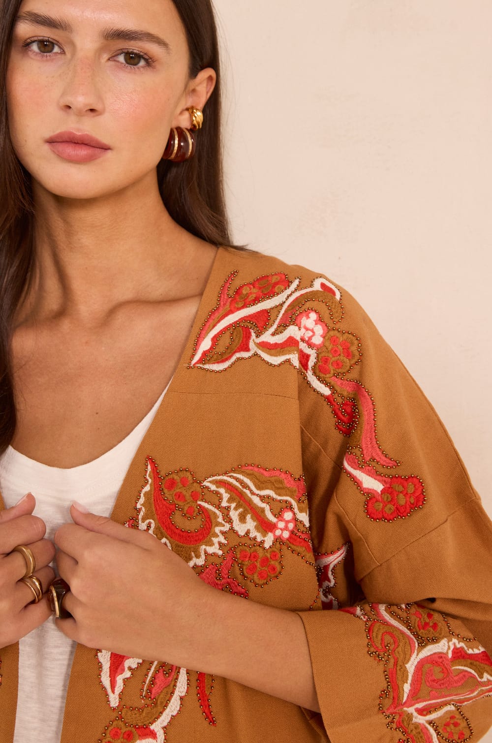 Embroidered 3/4 sleeve cotton jacket NOURIA;${refinementColor}