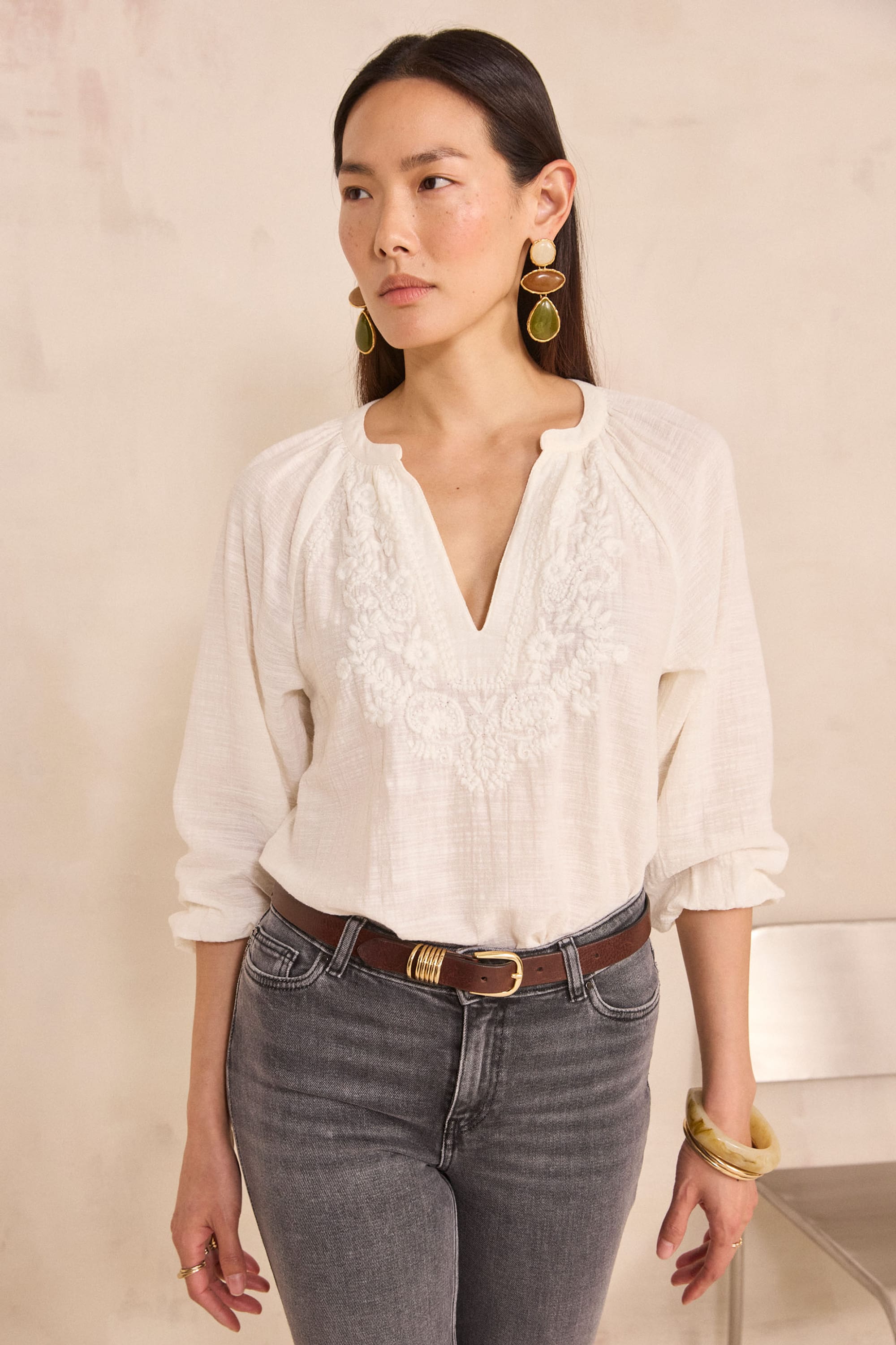 3/4 sleeve embroidered cotton blouse DELICATE woman | CREAM