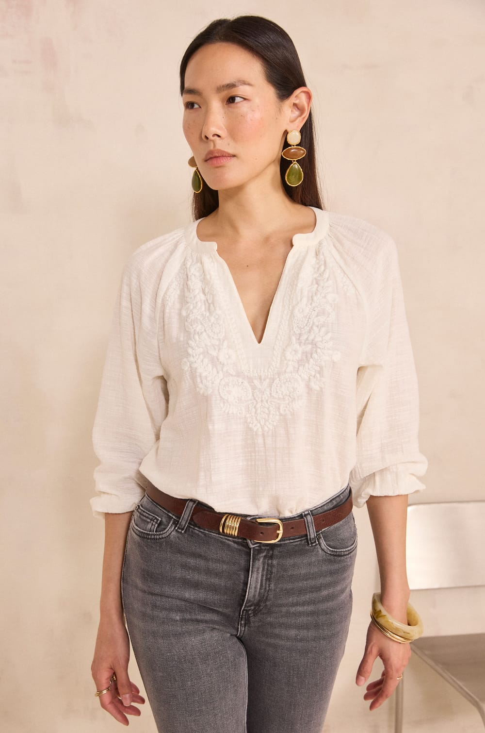 3/4 sleeve embroidered cotton blouse DELICATE;${refinementColor}