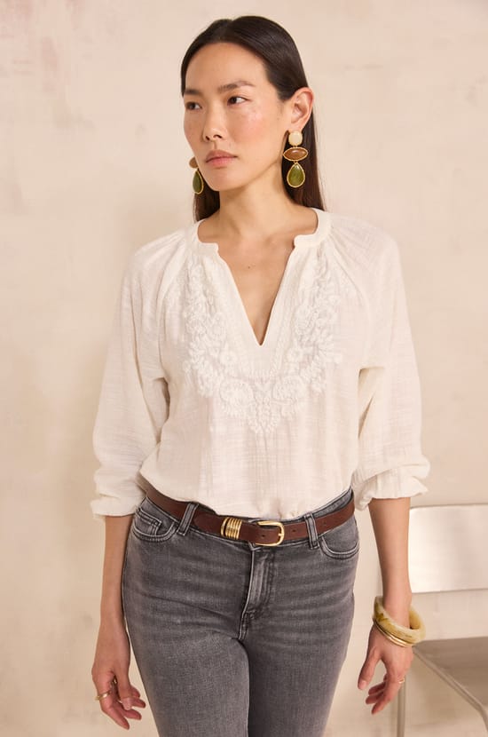 3/4 sleeve embroidered cotton blouse DELICATE;${refinementColor}