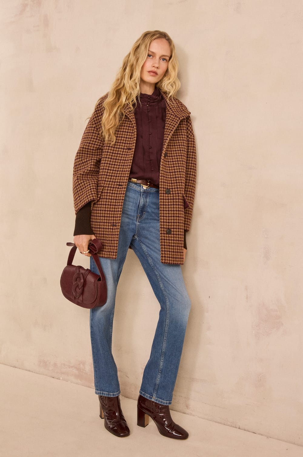 CELIA houndstooth pattern blended wool coat;${refinementColor}