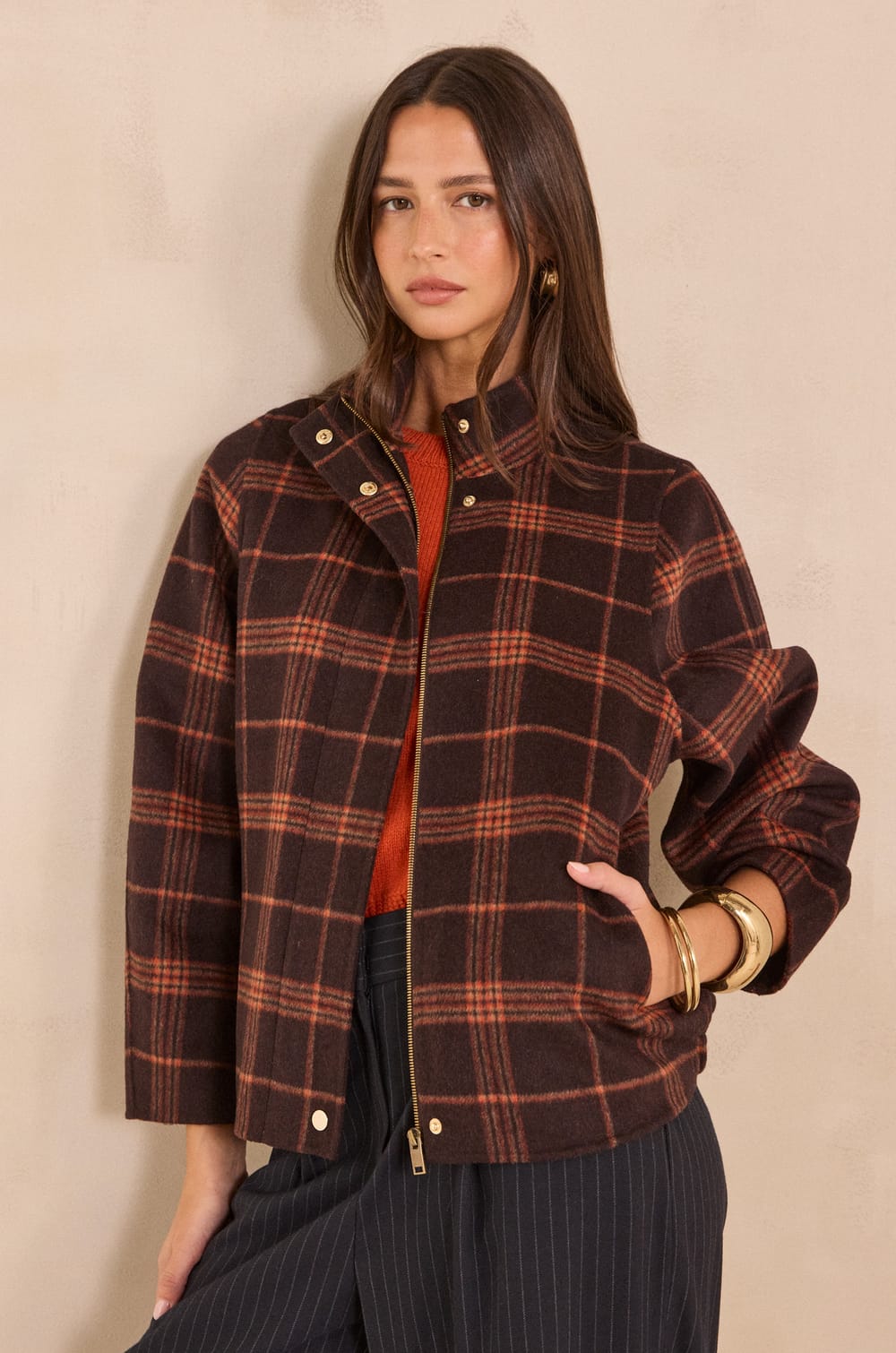 FELICITY mixed wool tartan jacket;${refinementColor}