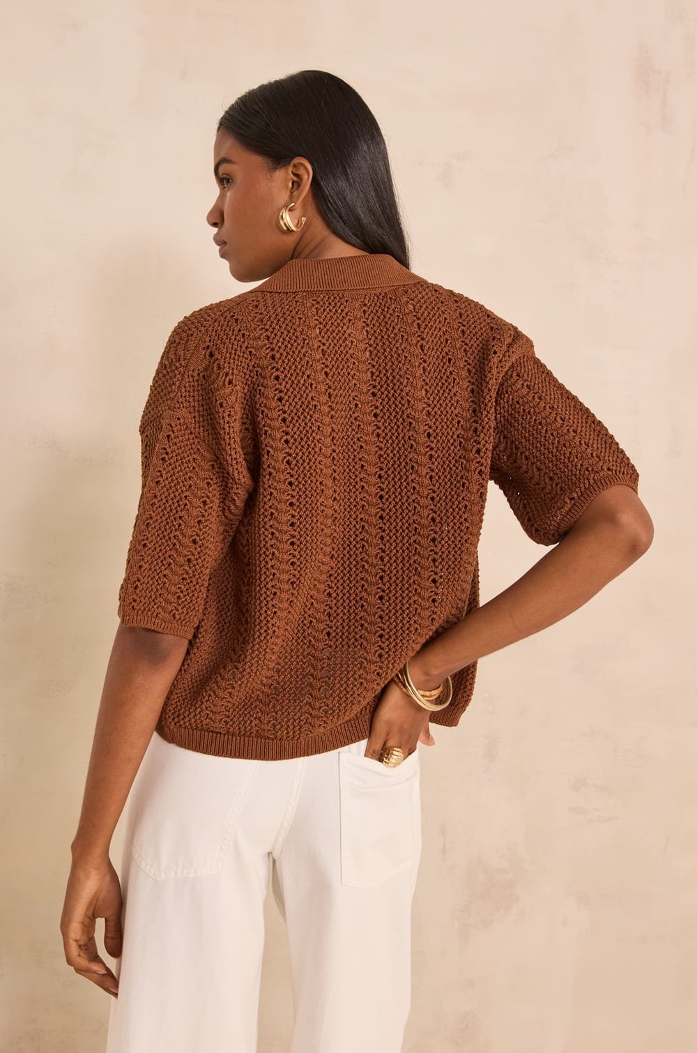 Short-sleeve knitted cotton blend sweater ADELE;${refinementColor}