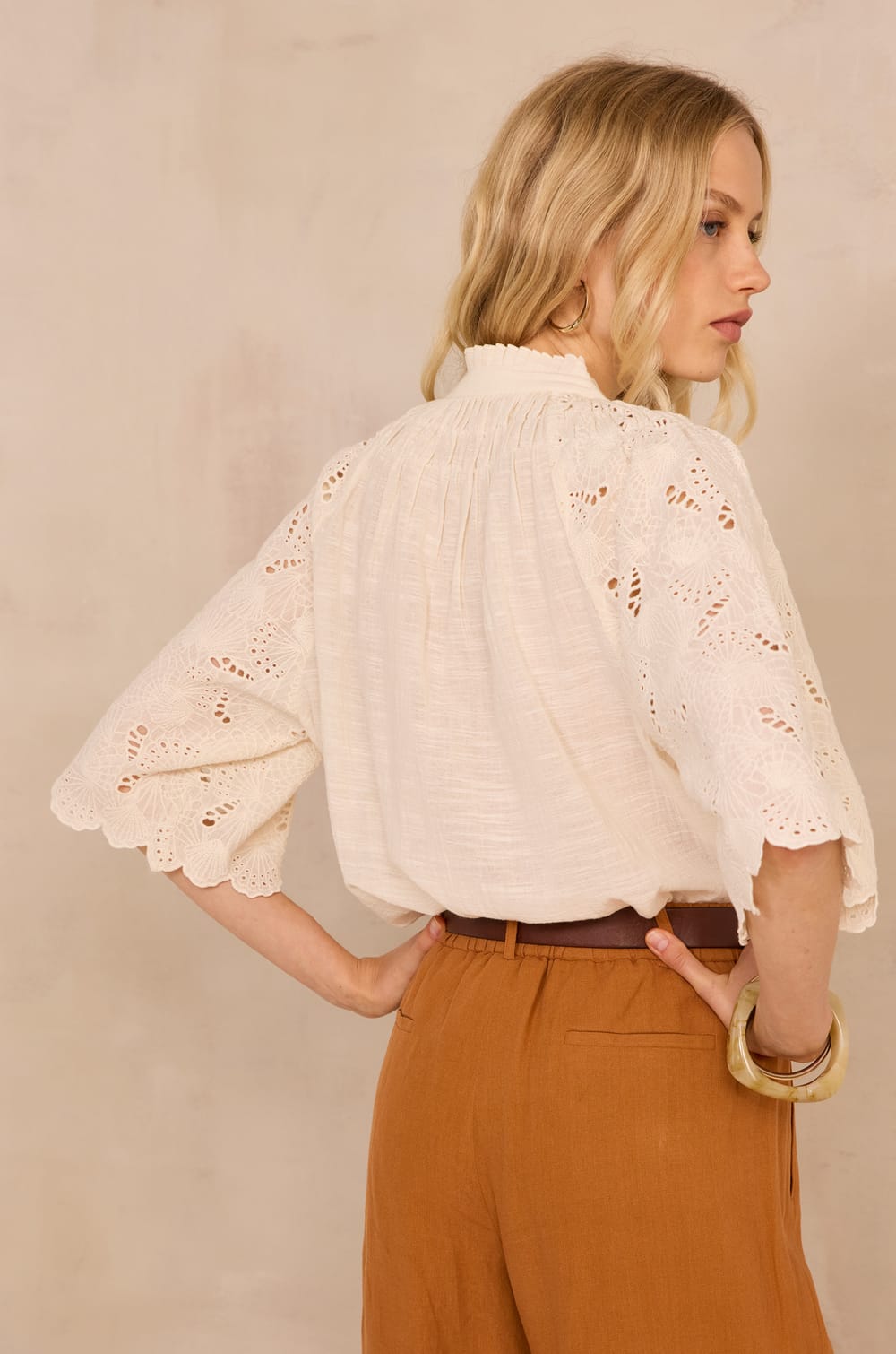 Embroidered 3/4 Sleeve Cotton Blouse MASHA;${refinementColor}