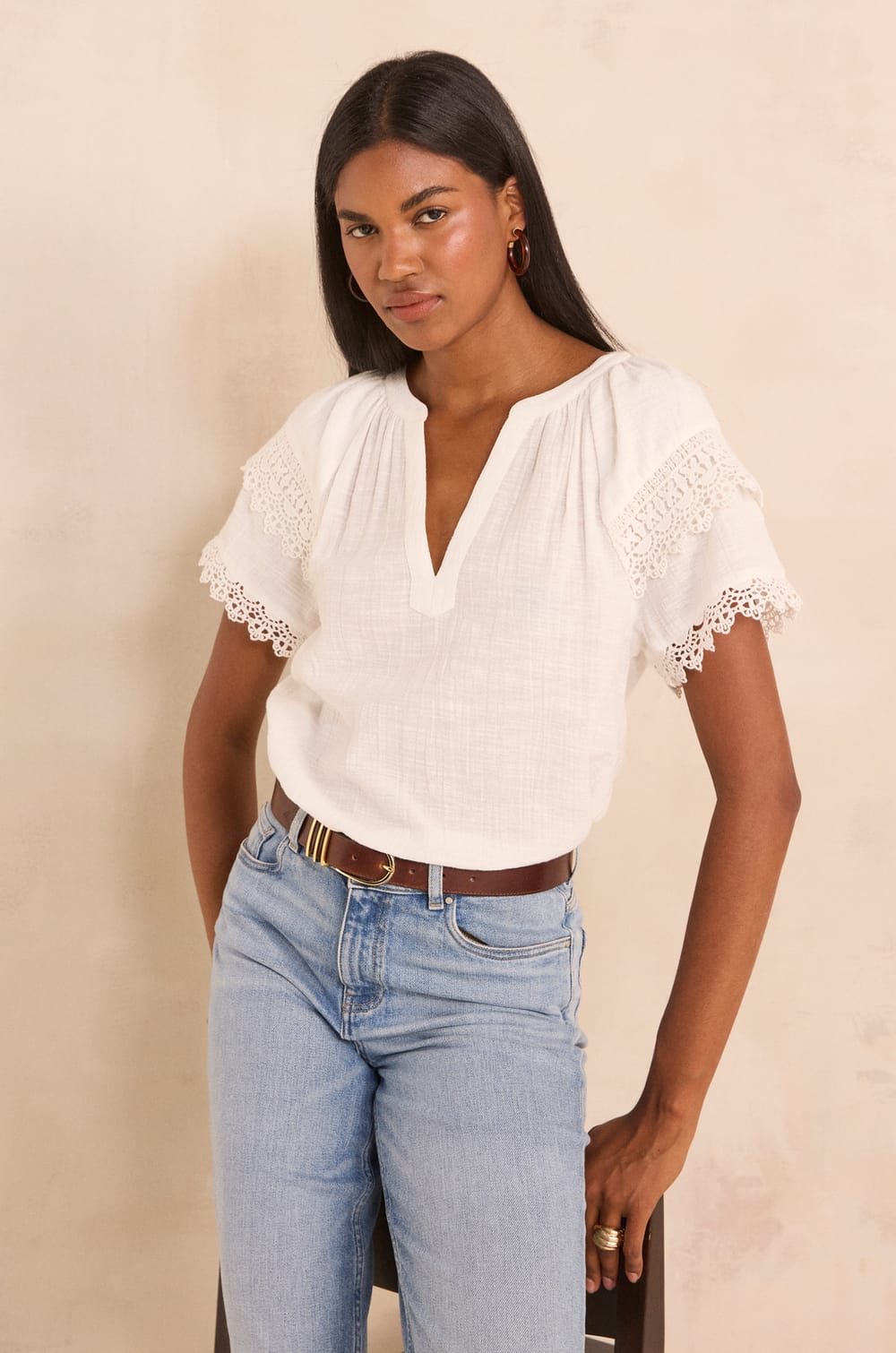 Chemisier &agrave; manches courtes brod&eacute;es en coton MATHIS;${refinementColor}