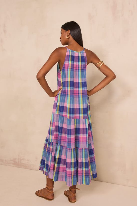 Pietra checkered cotton straight dress;${refinementColor}
