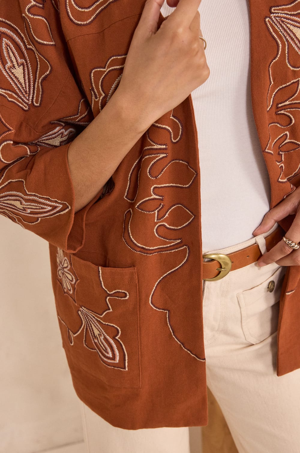 Embroidered 3/4 Sleeve Cotton Jacket VIRGINIA;${refinementColor}