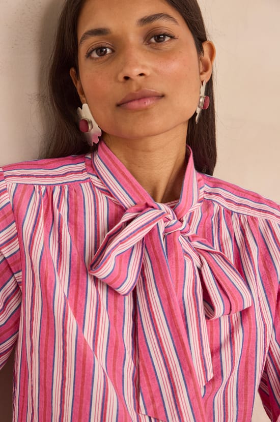 Striped blouse with a tie collar in cotton DOMITILLE;${refinementColor}