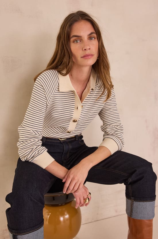 Jersey a rayas con cuello polo en 100% algod&oacute;n LIVIO;${refinementColor}