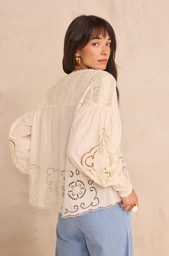 Embroidered cream cotton blouse MADELEINE;${refinementColor}