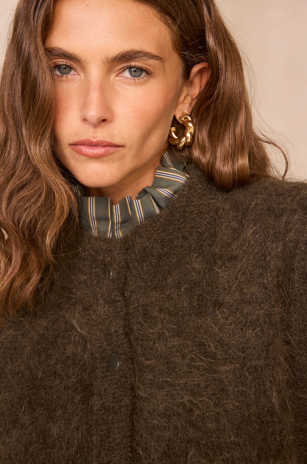 Khaki sleeveless cardigan in mixed mohair AYMIE;${refinementColor}