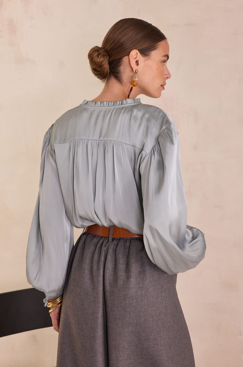 Satin blouse with puff sleeves DEESSE;${refinementColor}
