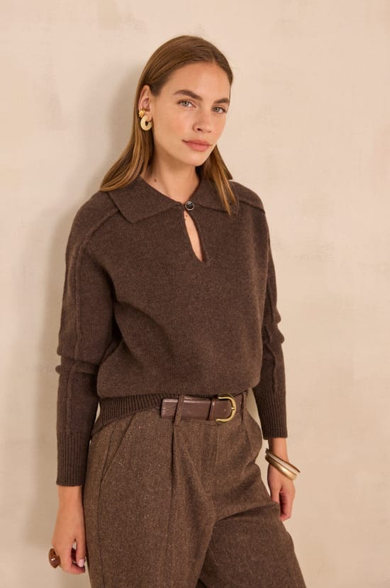 Long sleeve chocolate sweater in wool ANDREA;${refinementColor}