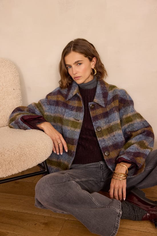 DANNY mid-length checked wool coat;${refinementColor}