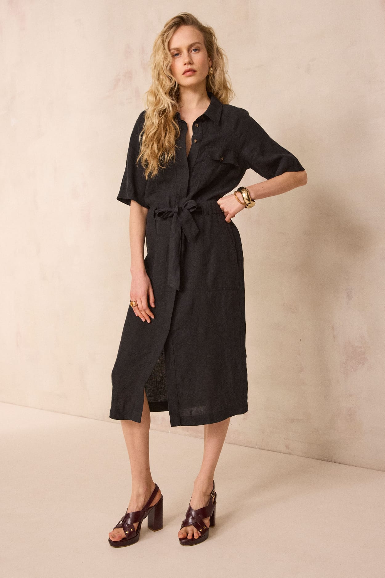 Straight linen flowy dress BETANIE;${refinementColor}