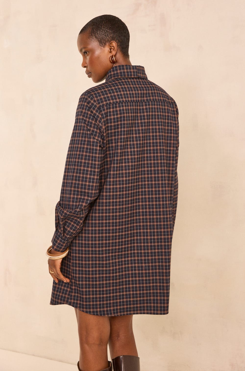 Straight checkered dress with bow tie collar PARSY;${refinementColor}