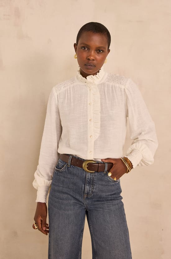 Cream long-sleeve cotton blouse MANGUE;${refinementColor}