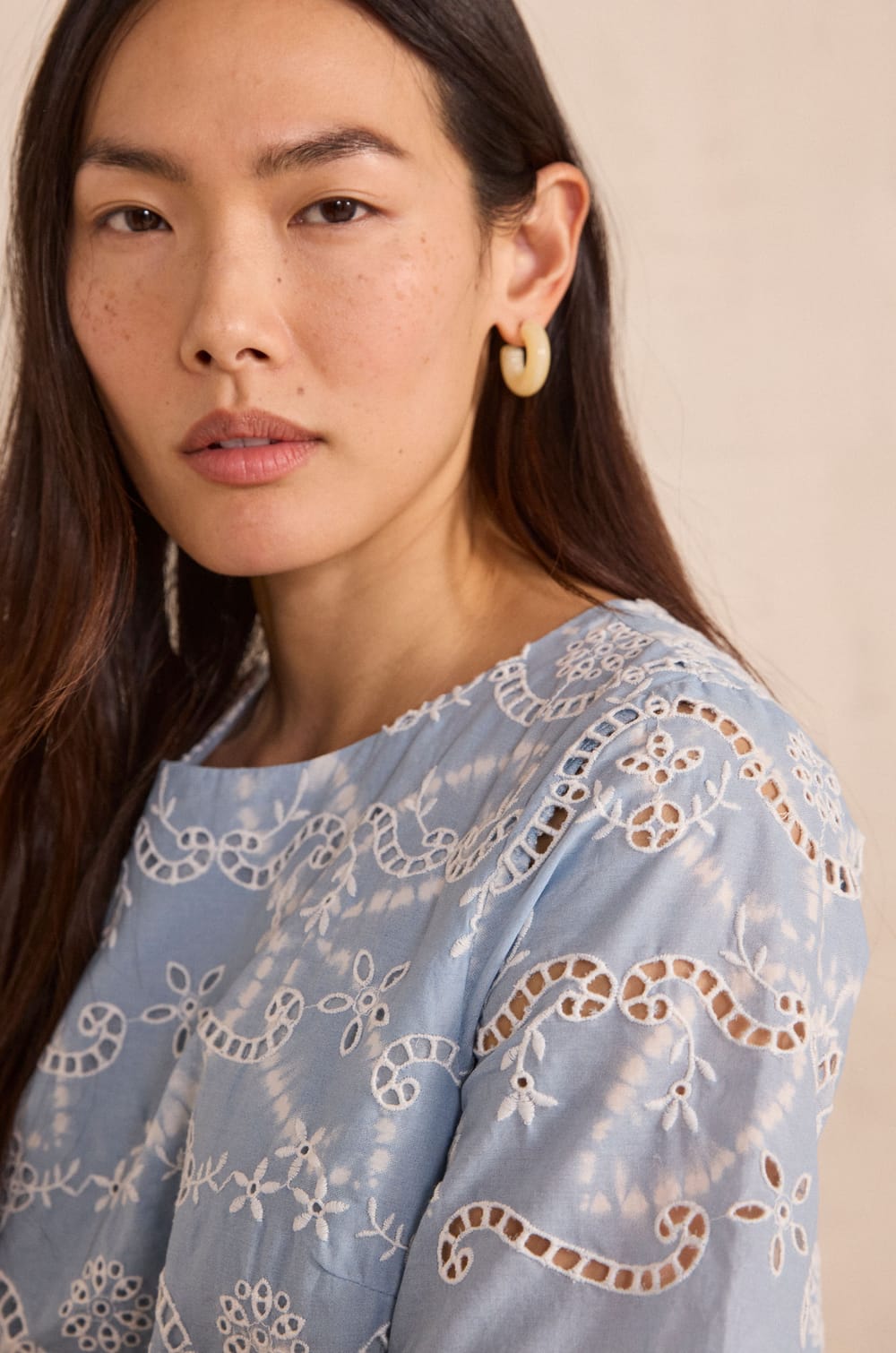 Embroidered 3/4 sleeve cotton blouse DANTY;${refinementColor}