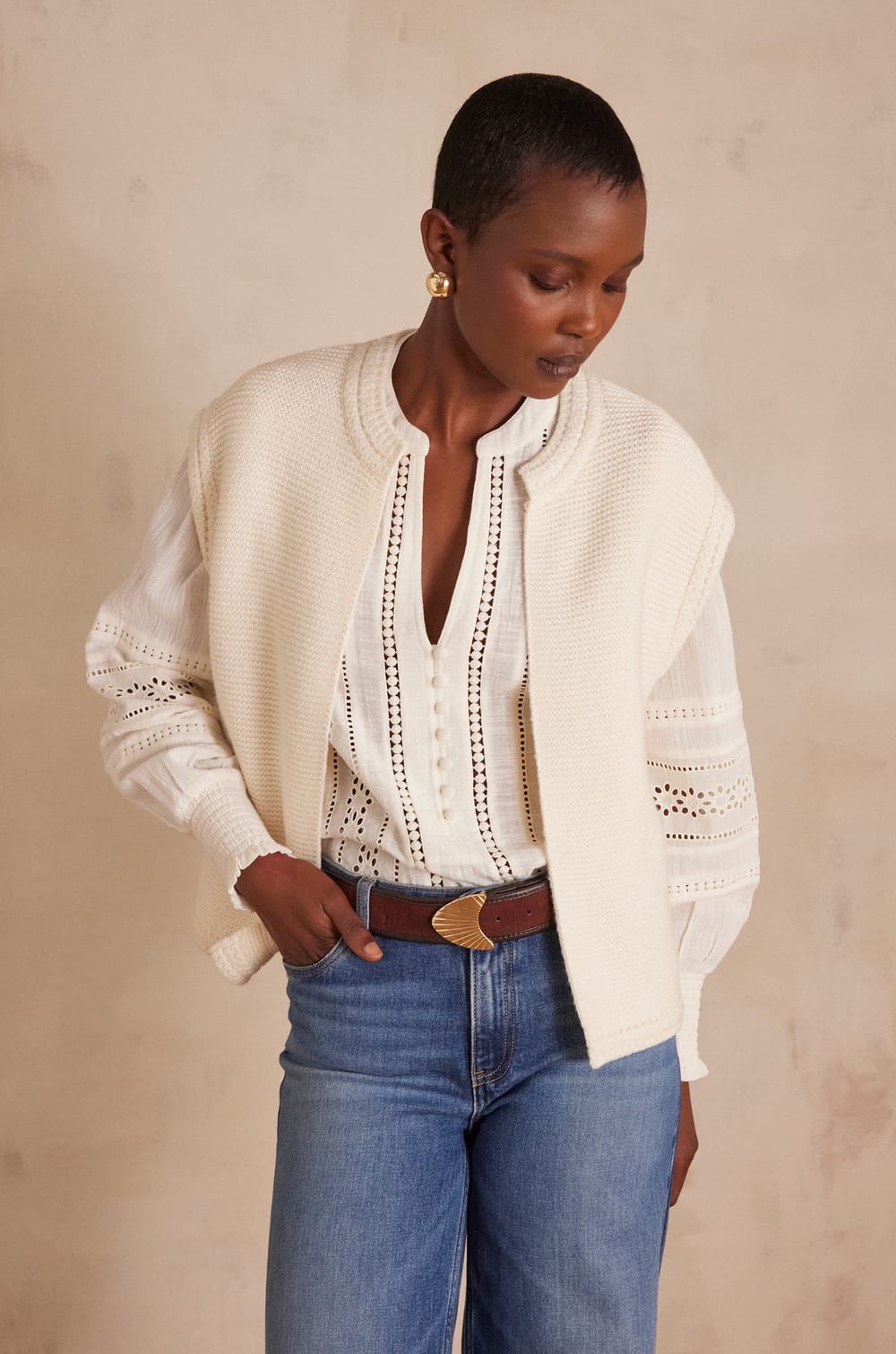 SONNY sleeveless cardigan in cotton;${refinementColor}