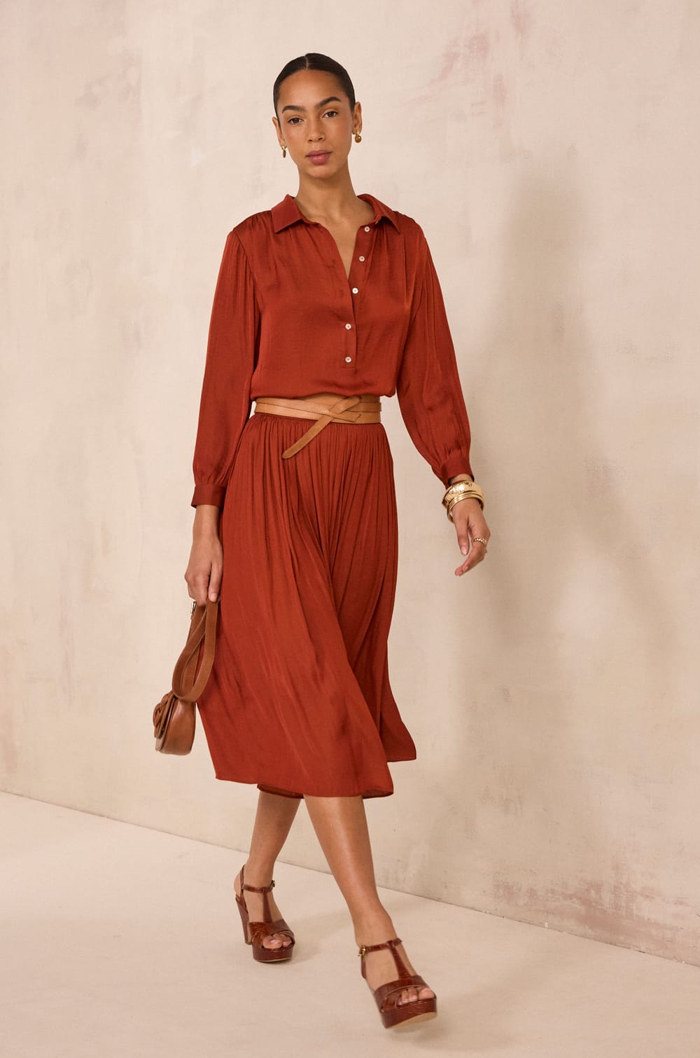 CRYSTAL pleated midi skirt;${refinementColor}