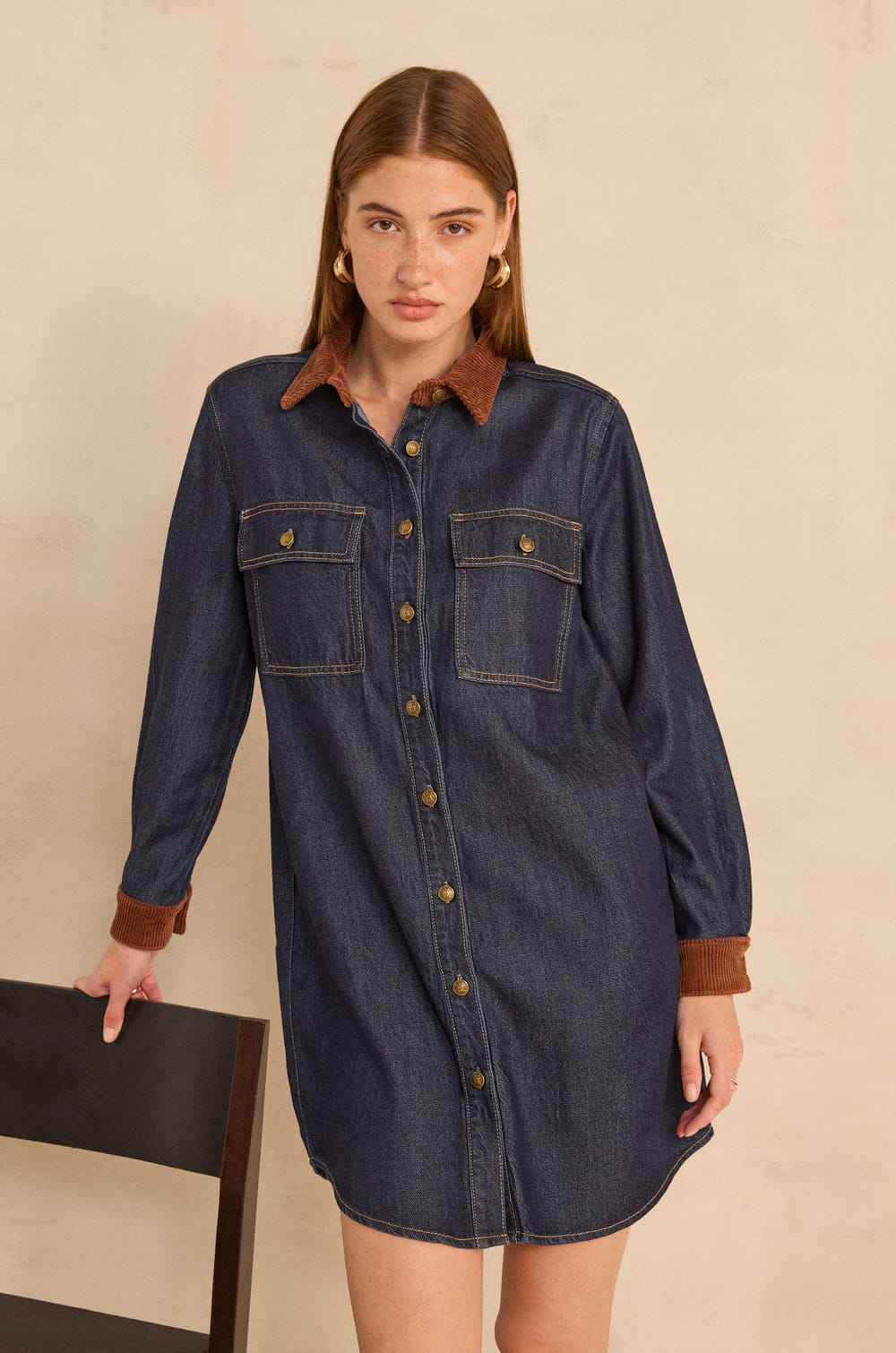Straight denim and corduroy dress PAULINA;${refinementColor}