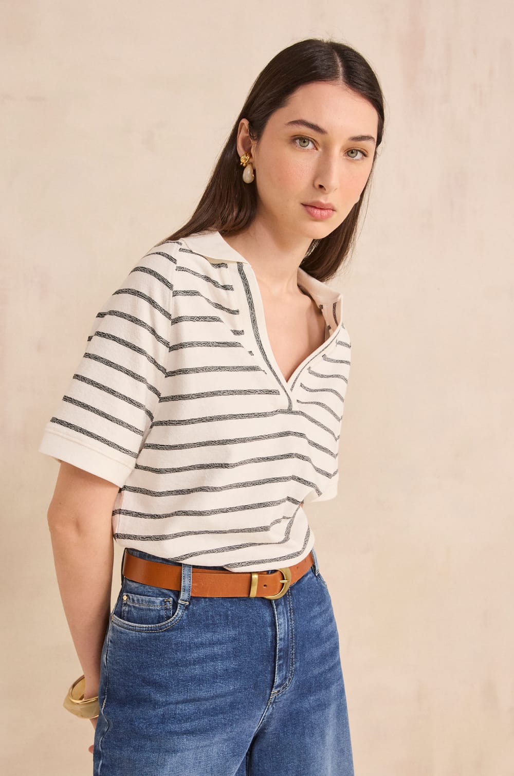 T-shirt ray&eacute; &agrave; manches courtes en coton LILAS;${refinementColor}