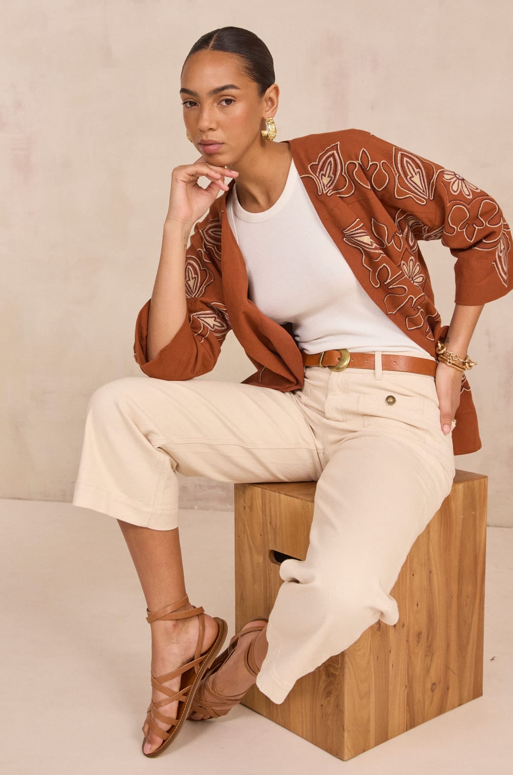 Embroidered 3/4 Sleeve Cotton Jacket VIRGINIA;${refinementColor}