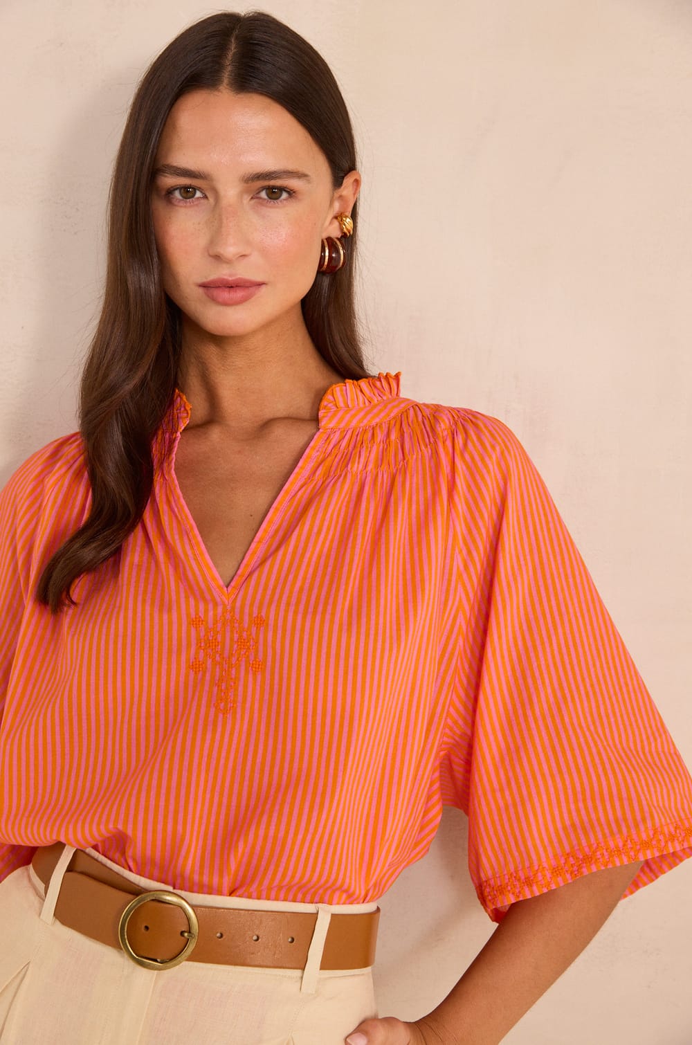 Striped short-sleeved cotton blouse SACHA;${refinementColor}