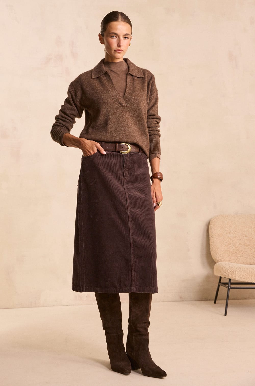 VAYA cotton blend velvet midi skirt;${refinementColor}