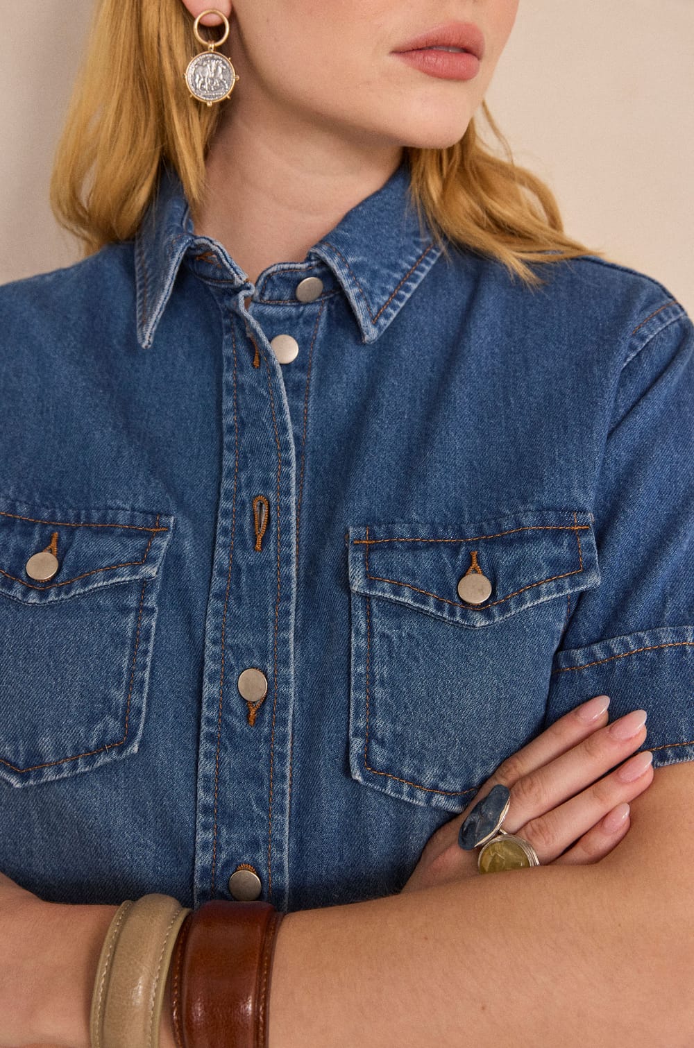 DIEGO short sleeve denim shirt;${refinementColor}