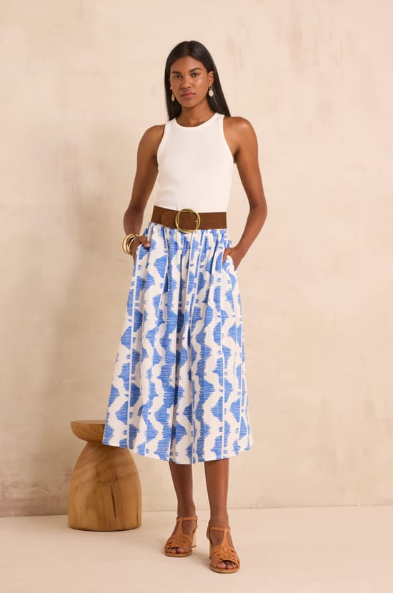 Jupe midi fluide imprim&eacute;e en coton BRUNE;${refinementColor}