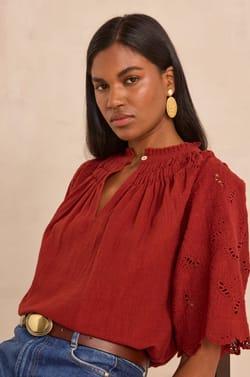 Embroidered 3/4 Sleeve Cotton Blouse MASHA;${refinementColor}