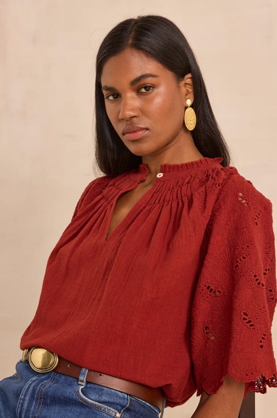 Embroidered 3/4 Sleeve Cotton Blouse MASHA;${refinementColor}