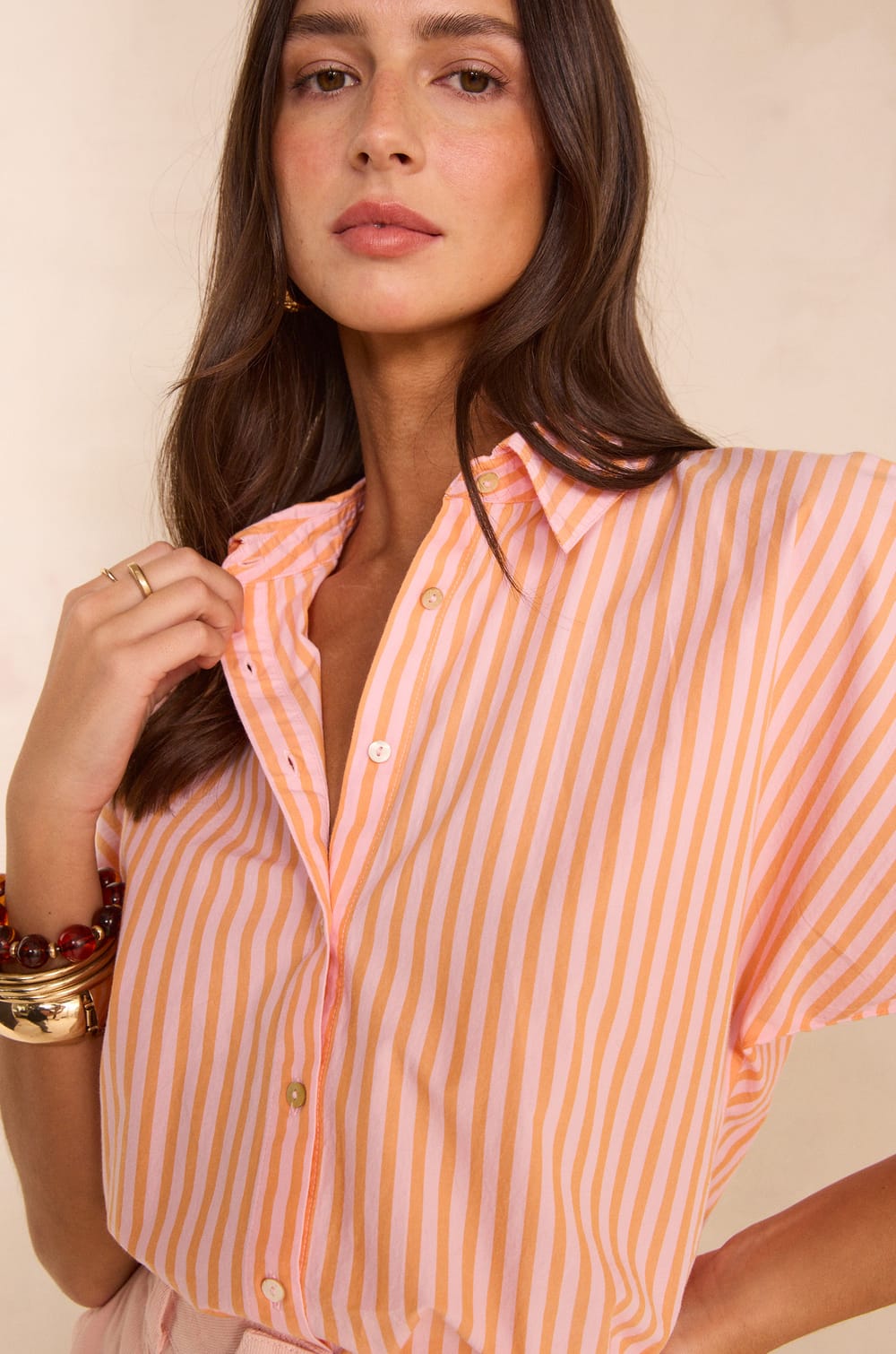 Chemise ray&eacute;e &agrave; manches 3/4 en coton DOMENICO;${refinementColor}