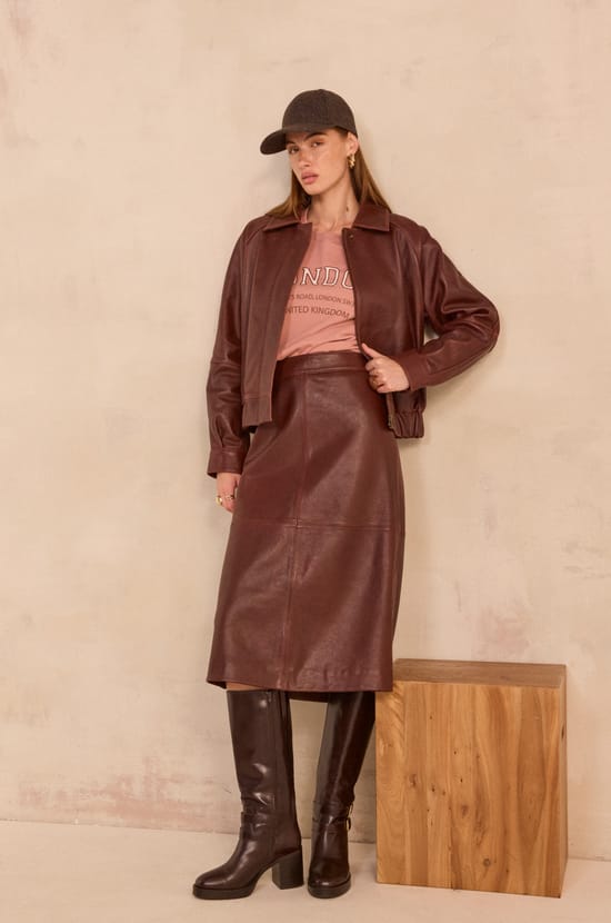 VIOLET leather midi skirt;${refinementColor}