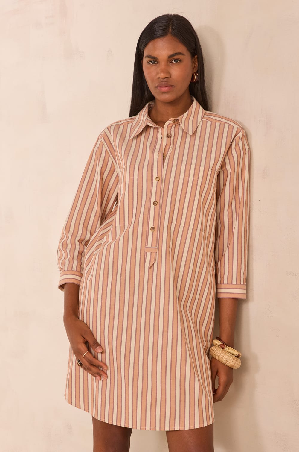 Striped cotton shirt dress LISEA;${refinementColor}
