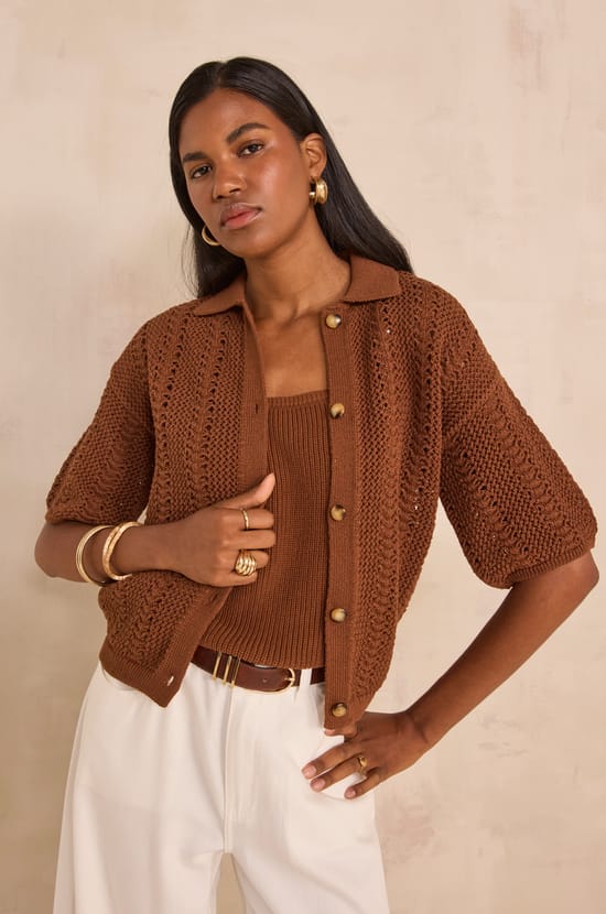 Short-sleeve knitted cotton blend sweater ADELE;${refinementColor}