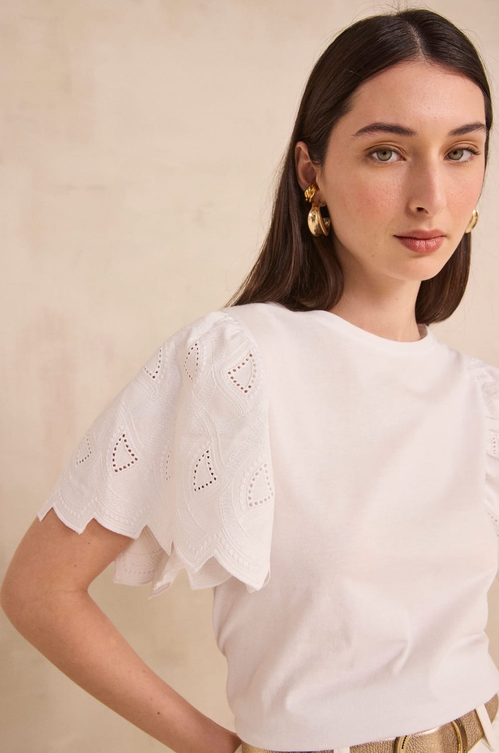 LUNA cotton short sleeve embroidered t-shirt;${refinementColor}